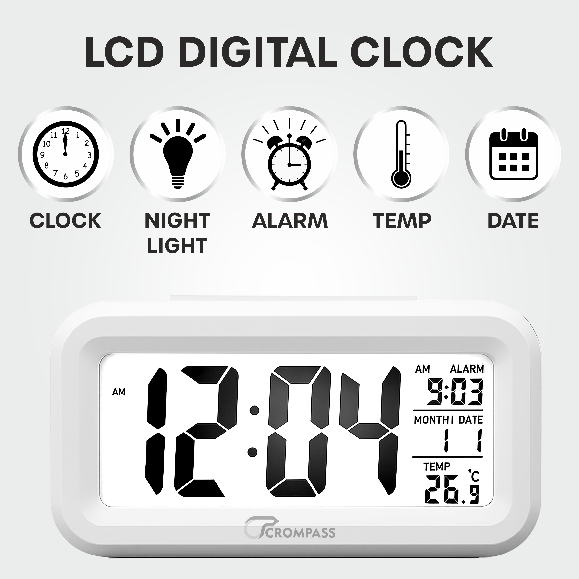CROMPASS White Digital Alarm Clock with Smart Light Sensor, Date & Temperature Display, Compact LED Desk Table Clock for Home, Office, Students, Bedroom & Living Room (Black Digital)