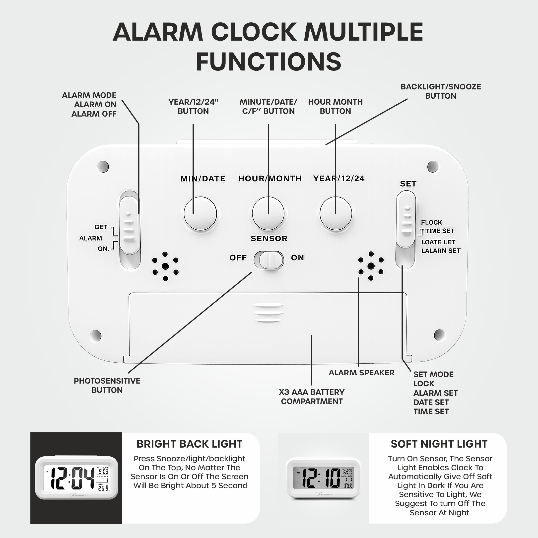 CROMPASS White Digital Alarm Clock with Smart Light Sensor, Date & Temperature Display, Compact LED Desk Table Clock for Home, Office, Students, Bedroom & Living Room (Black Digital)