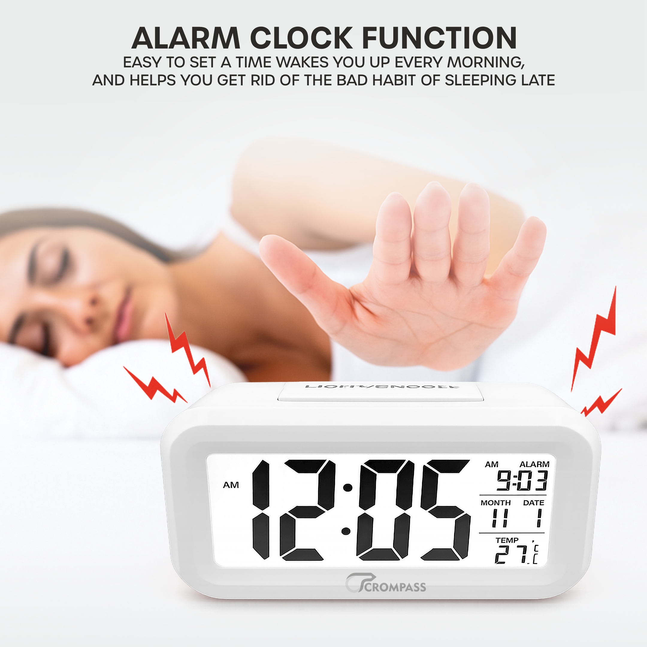 CROMPASS White Digital Alarm Clock with Smart Light Sensor, Date & Temperature Display, Compact LED Desk Table Clock for Home, Office, Students, Bedroom & Living Room (Black Digital)