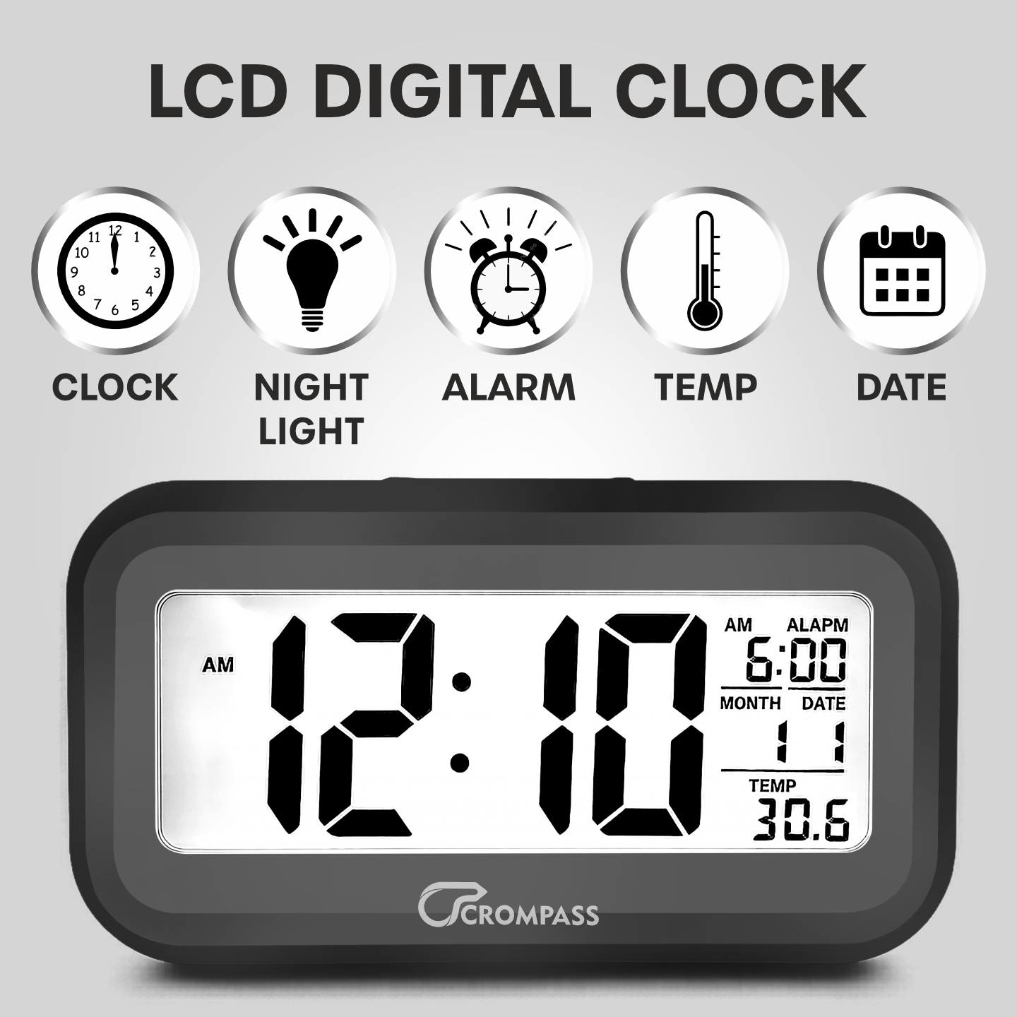 CROMPASS Black Digital Alarm Clock with Smart Light Sensor, Date & Temperature Display, Compact LED Desk Table Clock for Home, Office, Students, Bedroom & Living Room (Black Digital)