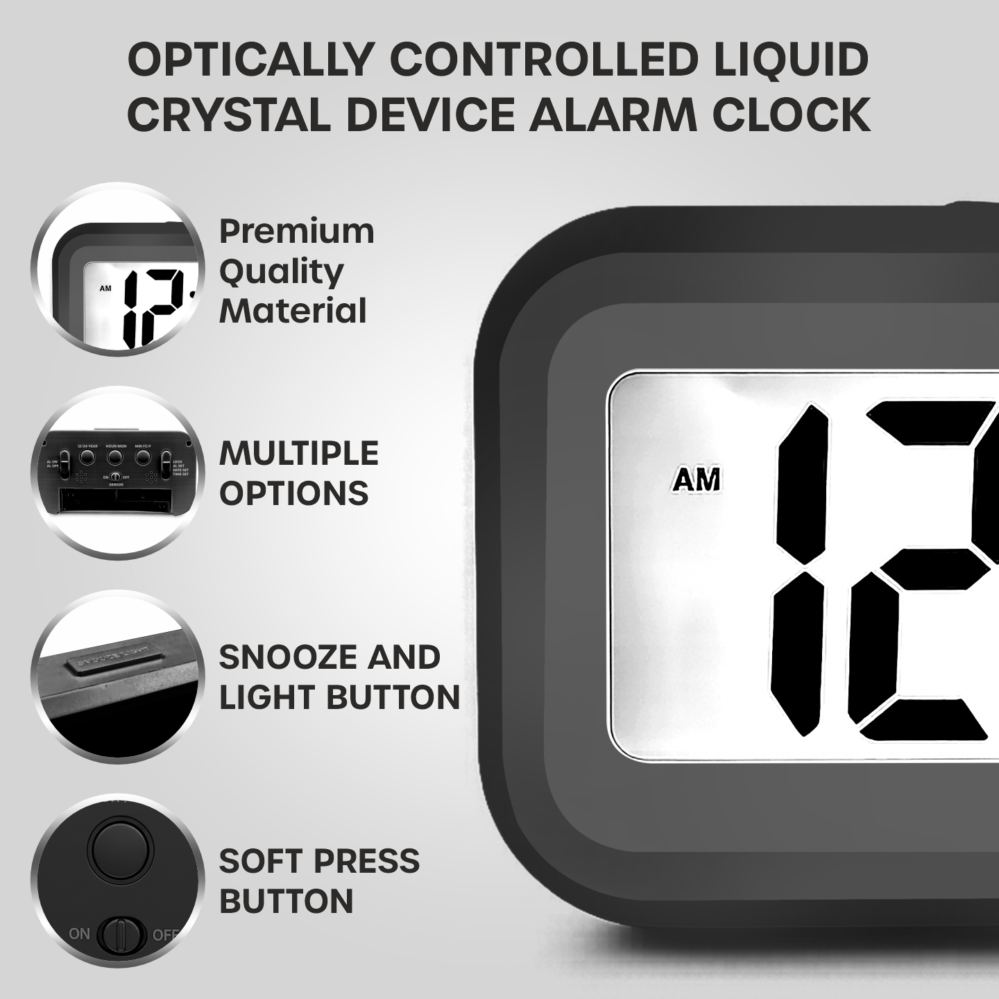 CROMPASS Black Digital Alarm Clock with Smart Light Sensor, Date & Temperature Display, Compact LED Desk Table Clock for Home, Office, Students, Bedroom & Living Room (Black Digital)