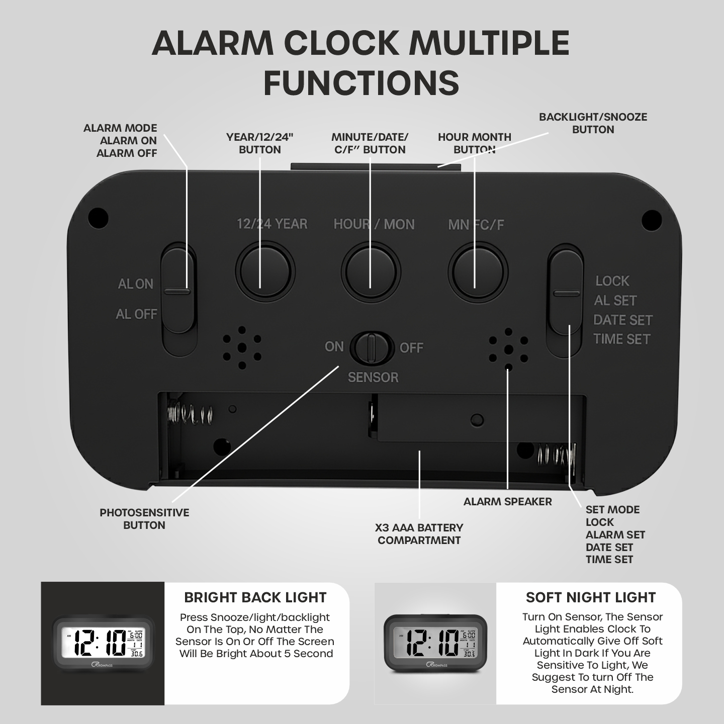 CROMPASS Black Digital Alarm Clock with Smart Light Sensor, Date & Temperature Display, Compact LED Desk Table Clock for Home, Office, Students, Bedroom & Living Room (Black Digital)