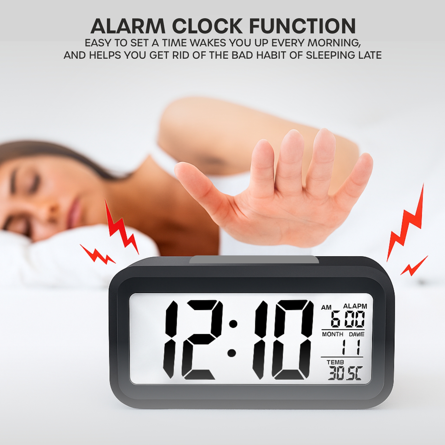 CROMPASS Black Digital Alarm Clock with Smart Light Sensor, Date & Temperature Display, Compact LED Desk Table Clock for Home, Office, Students, Bedroom & Living Room (Black Digital)
