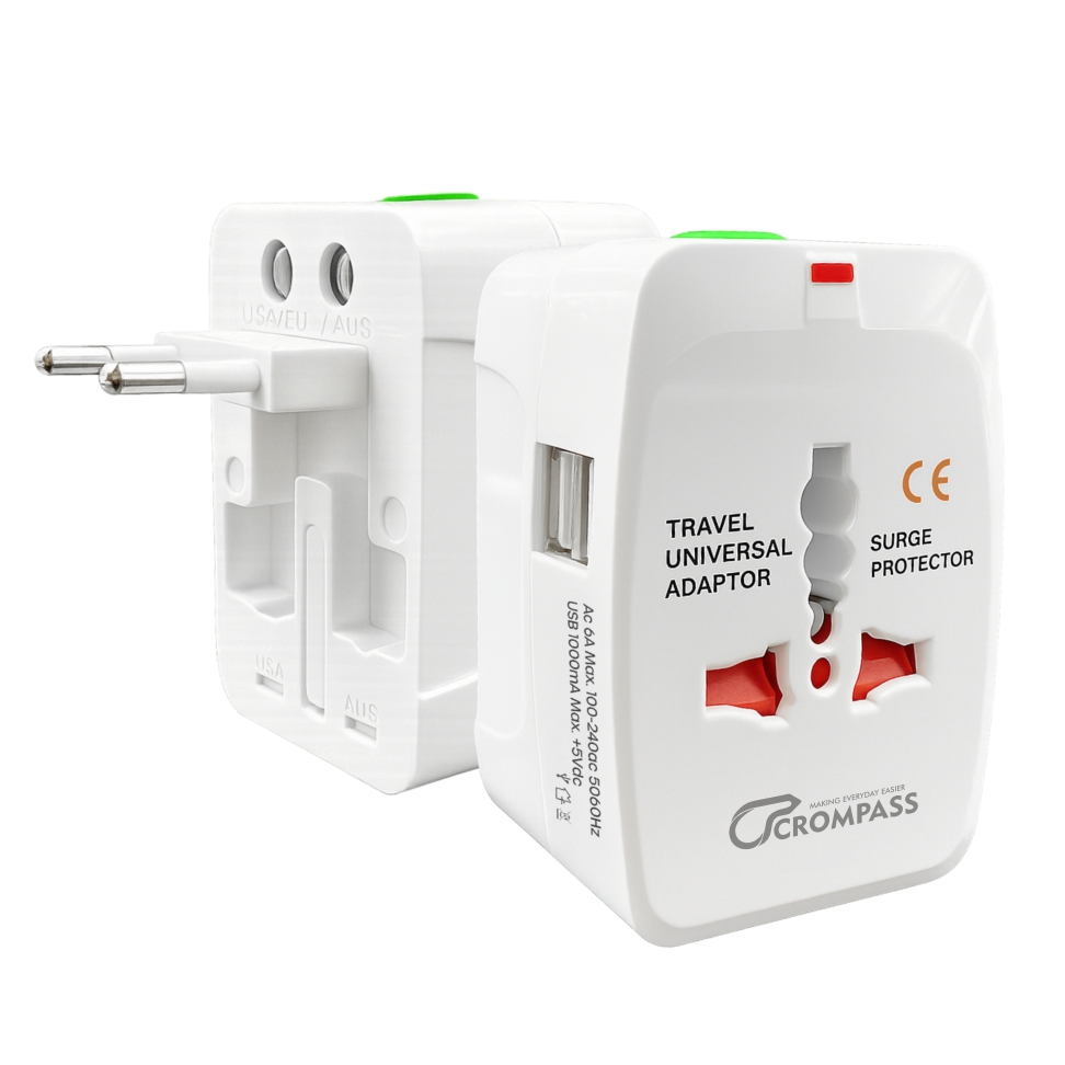 CROMPASS Universal Travel Adapter 20W Type-C PD & 18W USB-A Fast Charger | All-in-One International Power Adapter for 200+ Countries (US/UK/EU/AUS) | Compact Worldwide Charger with Dual Ports – White