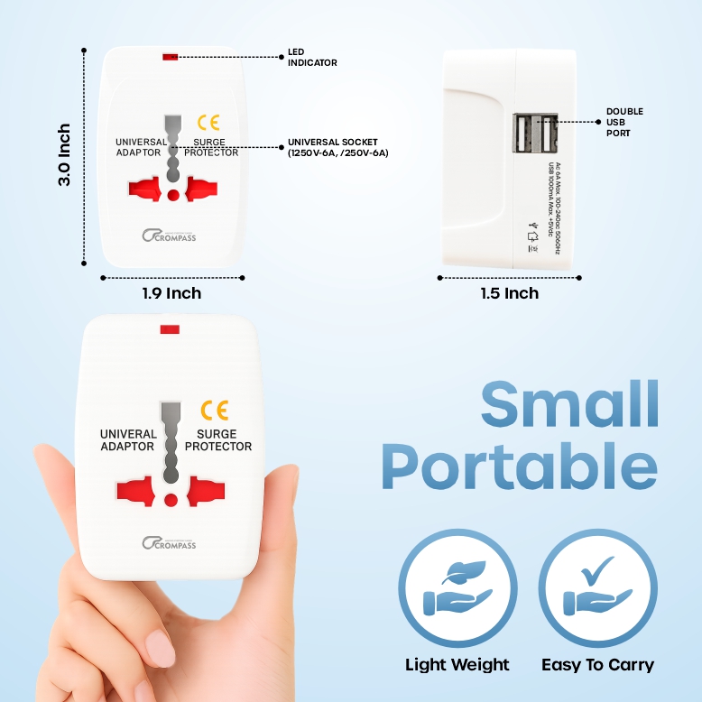 CROMPASS Universal Travel Adapter 20W Type-C PD & 18W USB-A Fast Charger | All-in-One International Power Adapter for 200+ Countries (US/UK/EU/AUS) | Compact Worldwide Charger with Dual Ports – White