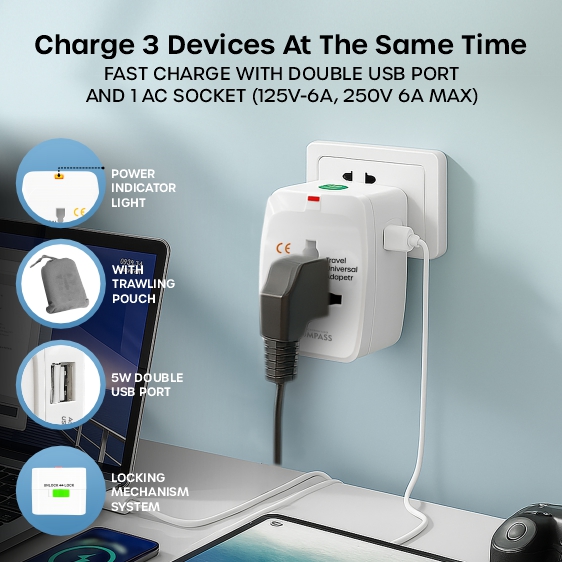 CROMPASS Universal Travel Adapter 20W Type-C PD & 18W USB-A Fast Charger | All-in-One International Power Adapter for 200+ Countries (US/UK/EU/AUS) | Compact Worldwide Charger with Dual Ports – White