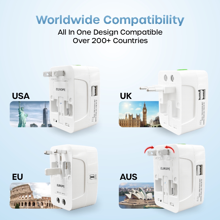 CROMPASS Universal Travel Adapter 20W Type-C PD & 18W USB-A Fast Charger | All-in-One International Power Adapter for 200+ Countries (US/UK/EU/AUS) | Compact Worldwide Charger with Dual Ports – White