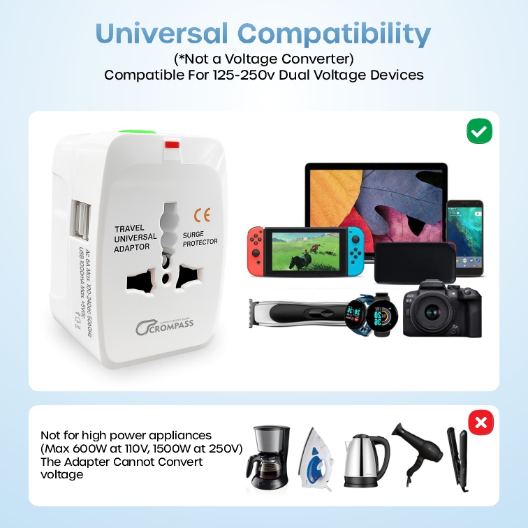 CROMPASS Universal Travel Adapter 20W Type-C PD & 18W USB-A Fast Charger | All-in-One International Power Adapter for 200+ Countries (US/UK/EU/AUS) | Compact Worldwide Charger with Dual Ports – White
