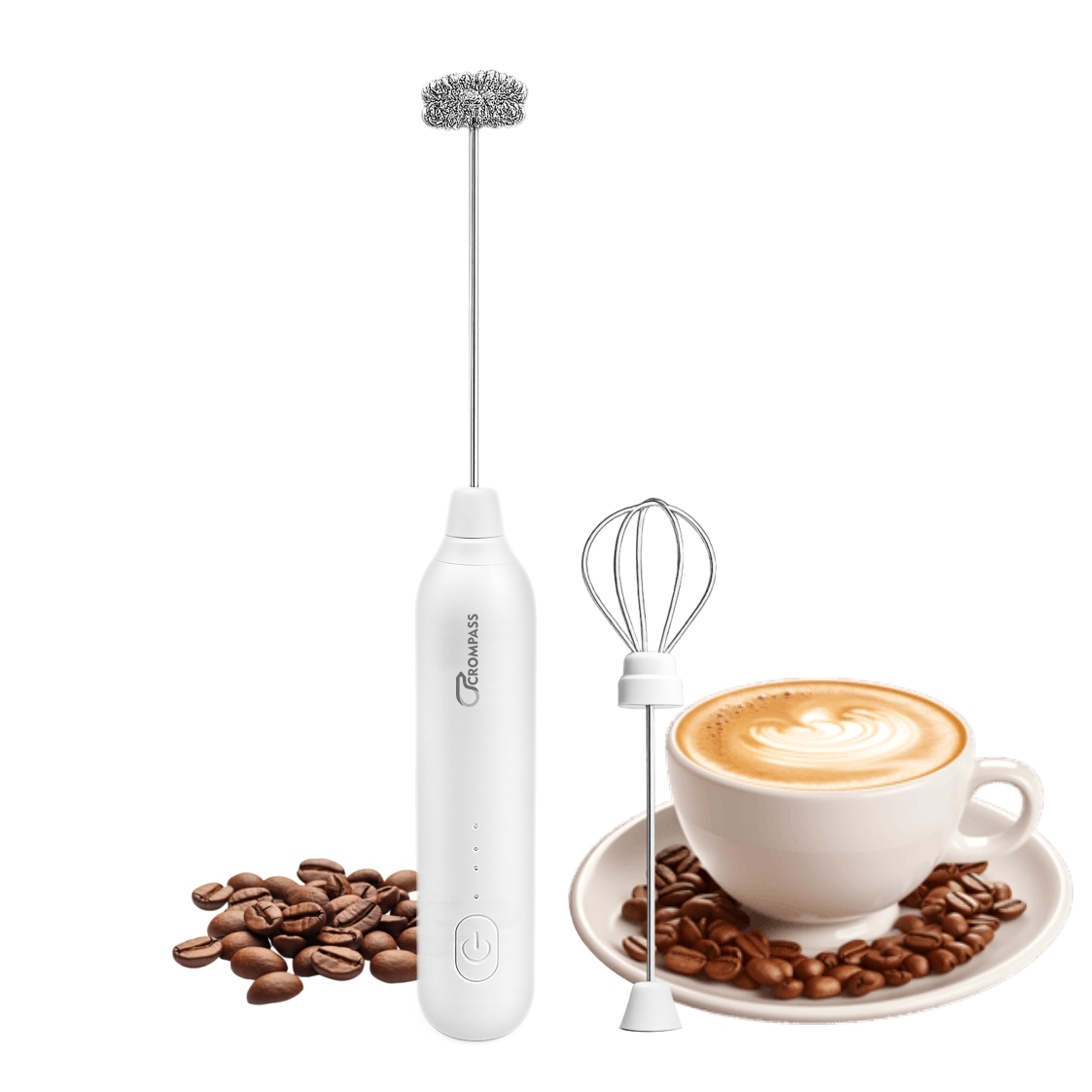 Crompass Rechargeable Milk Frother & Coffee Beater 2-in-1 | Handheld Electric Whisk, Latte & Cappuccino Foamer, Egg Mixer Blender | 3-Speed USB Powered Frother with 1-Year Warranty + Free Frothy Recipe E-Book (White)