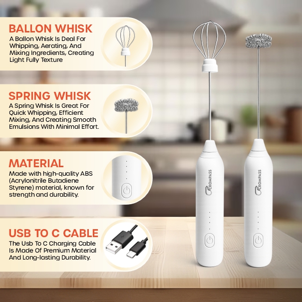 Crompass Rechargeable Milk Frother & Coffee Beater 2-in-1 | Handheld Electric Whisk, Latte & Cappuccino Foamer, Egg Mixer Blender | 3-Speed USB Powered Frother with 1-Year Warranty + Free Frothy Recipe E-Book (White)
