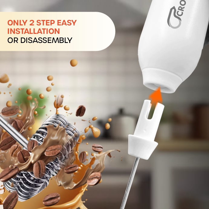 Crompass Rechargeable Milk Frother & Coffee Beater 2-in-1 | Handheld Electric Whisk, Latte & Cappuccino Foamer, Egg Mixer Blender | 3-Speed USB Powered Frother with 1-Year Warranty + Free Frothy Recipe E-Book (White)