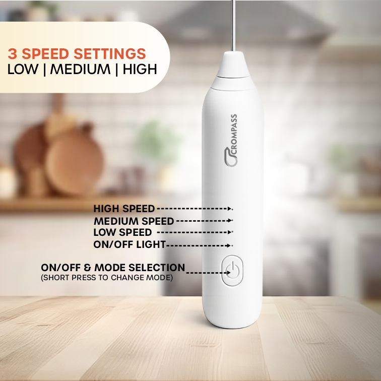 Crompass Rechargeable Milk Frother & Coffee Beater 2-in-1 | Handheld Electric Whisk, Latte & Cappuccino Foamer, Egg Mixer Blender | 3-Speed USB Powered Frother with 1-Year Warranty + Free Frothy Recipe E-Book (White)