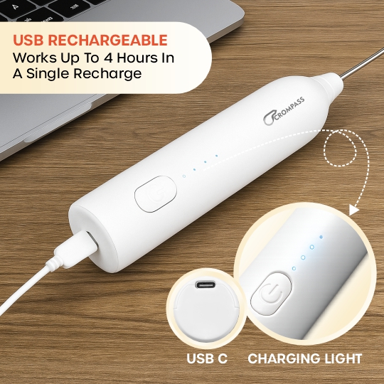 Crompass Rechargeable Milk Frother & Coffee Beater 2-in-1 | Handheld Electric Whisk, Latte & Cappuccino Foamer, Egg Mixer Blender | 3-Speed USB Powered Frother with 1-Year Warranty + Free Frothy Recipe E-Book (White)