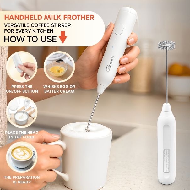 Crompass Rechargeable Milk Frother & Coffee Beater 2-in-1 | Handheld Electric Whisk, Latte & Cappuccino Foamer, Egg Mixer Blender | 3-Speed USB Powered Frother with 1-Year Warranty + Free Frothy Recipe E-Book (White)