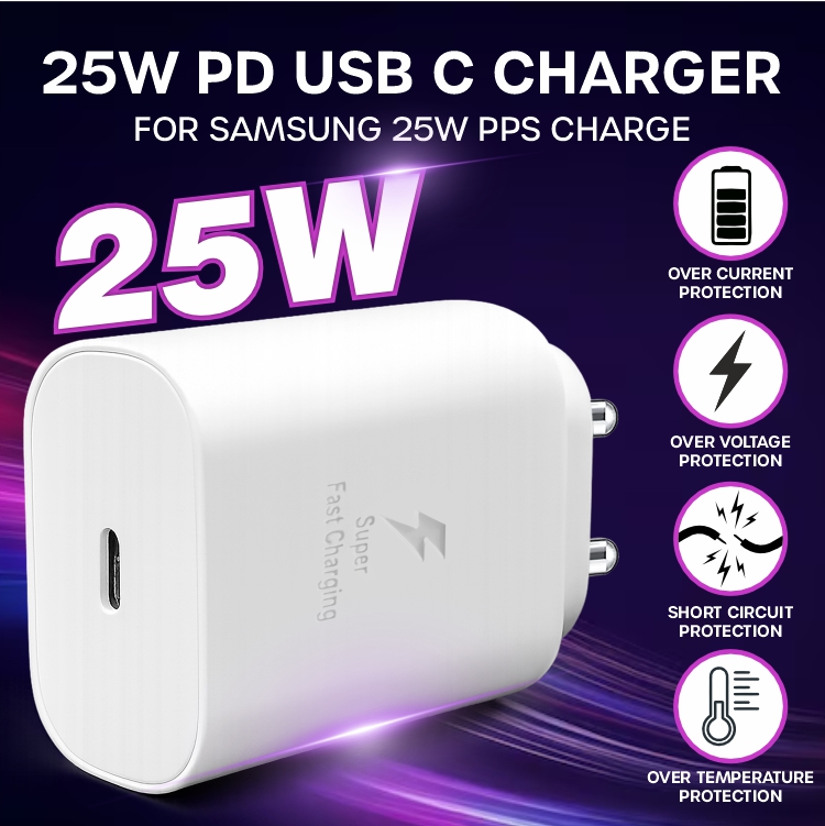 White Samsung 25W USB-C Super Fast Charger Adapter | Compatible with Samsung Galaxy S23, S23+, S23 Ultra, S24, S24+, S24 Ultra, S25, S25+, S25 Ultra, S26, S26+, S26 Ultra, A14 5G, A24, A34 5G, A54 5G, A35 5G, A55 5G, A56 5G, A36 5G, A26 5G, M04, M13, M14