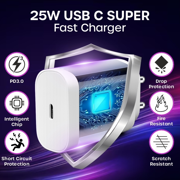 White Samsung 25W USB-C Super Fast Charger Adapter | Compatible with Samsung Galaxy S23, S23+, S23 Ultra, S24, S24+, S24 Ultra, S25, S25+, S25 Ultra, S26, S26+, S26 Ultra, A14 5G, A24, A34 5G, A54 5G, A35 5G, A55 5G, A56 5G, A36 5G, A26 5G, M04, M13, M14