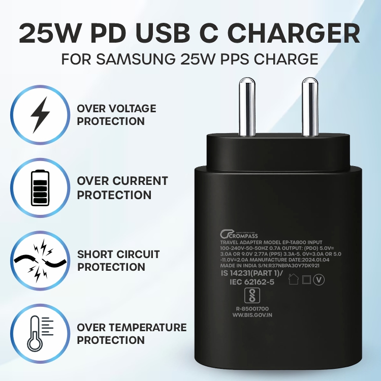 Black Samsung 25W USB-C Super Fast Charger Adapter | Compatible with Samsung Galaxy S23, S23+, S23 Ultra, S24, S24+, S24 Ultra, S25, S25+, S25 Ultra, S26, S26+, S26 Ultra, A14 5G, A24, A34 5G, A54 5G, A35 5G, A55 5G, A56 5G, A36 5G, A26 5G, M04, M13, M14