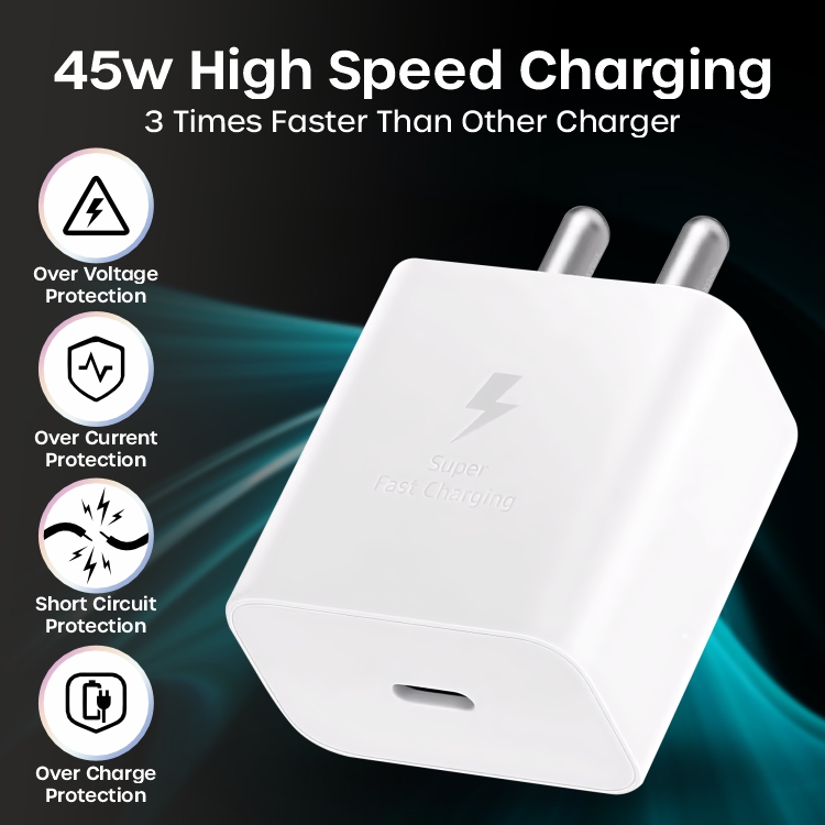 White Samsung 45W Super Fast Charging Travel Adapter (Without Cable), Black | Original Samsung Wall Charger for Galaxy S24, S23, Note20, Z Fold & More