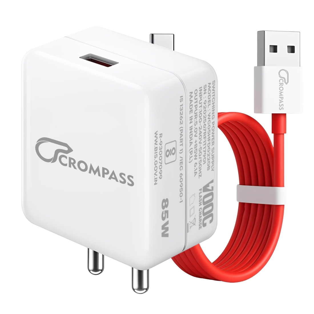 Crompass 85W SuperVOOC Fast Charger with USB to Type-C Cable | Supports Dash, Warp, VOOC, SuperDart & Rapid Charging | Compatible with OnePlus 13, 13R, Samsung, Realme, Redmi, Oppo, Pixel & More | Type-C Charger Combo