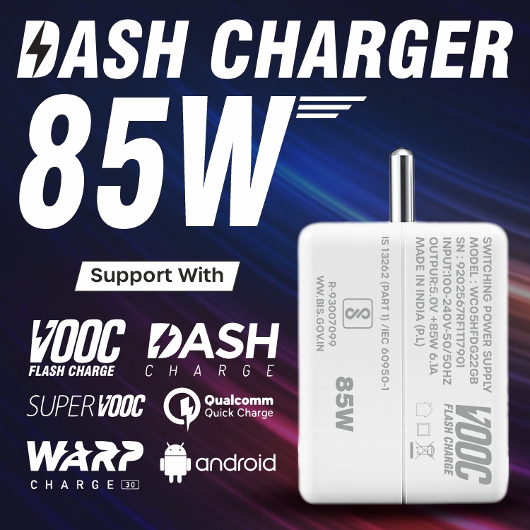 Crompass 85W SuperVOOC Fast Charger with USB to Type-C Cable | Supports Dash, Warp, VOOC, SuperDart & Rapid Charging | Compatible with OnePlus 13, 13R, Samsung, Realme, Redmi, Oppo, Pixel & More | Type-C Charger Combo