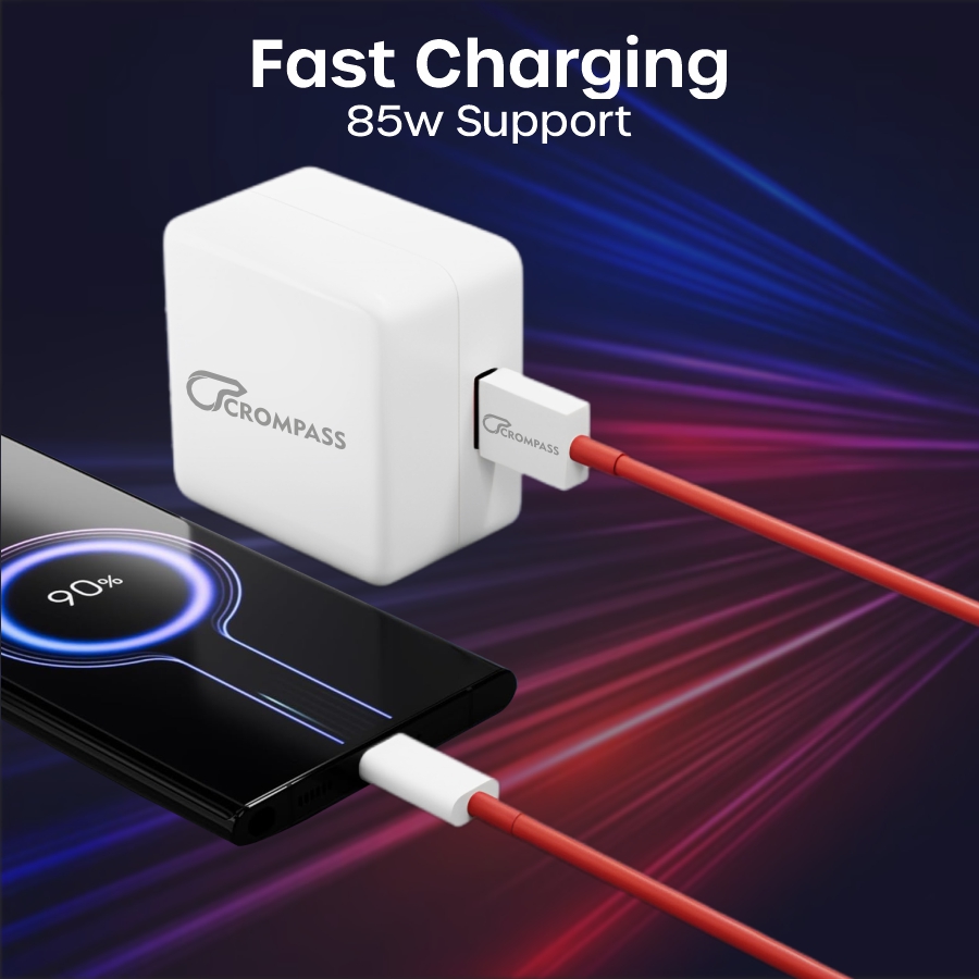 Crompass 85W SuperVOOC Fast Charger with USB to Type-C Cable | Supports Dash, Warp, VOOC, SuperDart & Rapid Charging | Compatible with OnePlus 13, 13R, Samsung, Realme, Redmi, Oppo, Pixel & More | Type-C Charger Combo