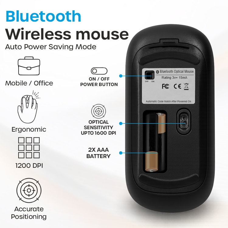Crompass Bluetooth 5.0 Silent Mouse – Compact, Portable, Dongle-Free, Multi-Device, Microsoft Swift Pair, 3-Level Adjustable DPI up to 2400, Long Battery Life