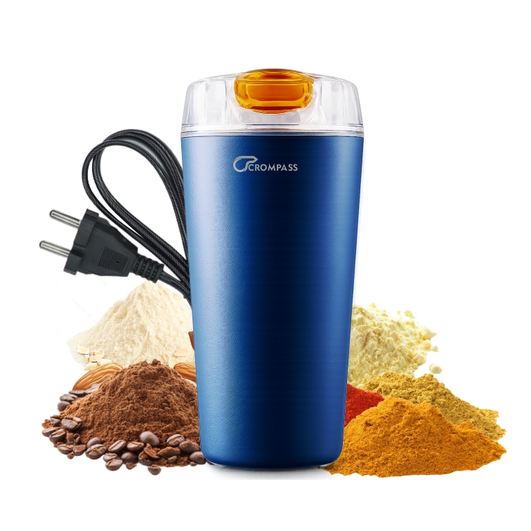 Crompass Portable Electric Coffee Grinder 250ml | Stainless Steel 4 Blade Spice & Coffee Bean Grinder | Durable Mixer Grinder for Dry Masala & Herbs | Push Button Control | Compact Electric Grinding Machine (Blue)