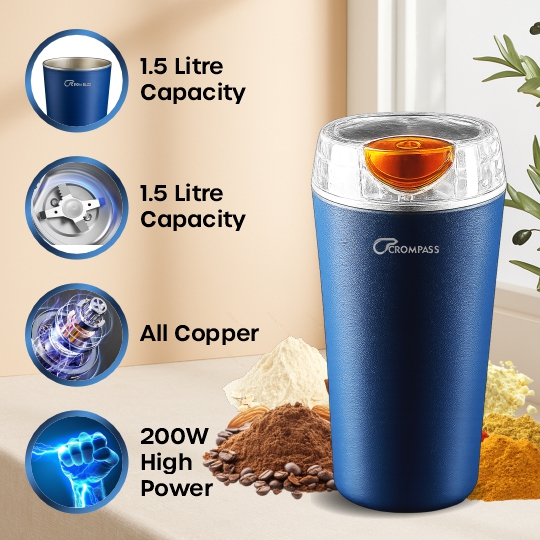 Crompass Portable Electric Coffee Grinder 250ml | Stainless Steel 4 Blade Spice & Coffee Bean Grinder | Durable Mixer Grinder for Dry Masala & Herbs | Push Button Control | Compact Electric Grinding Machine (Blue)