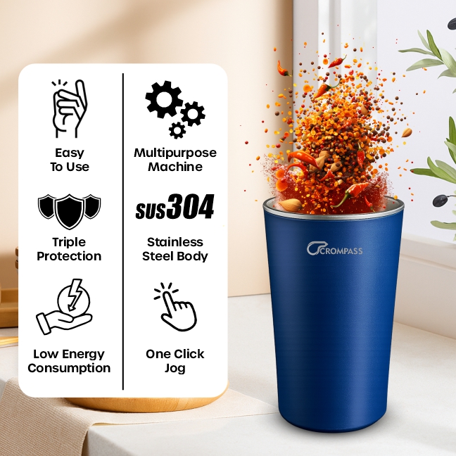 Crompass Portable Electric Coffee Grinder 250ml | Stainless Steel 4 Blade Spice & Coffee Bean Grinder | Durable Mixer Grinder for Dry Masala & Herbs | Push Button Control | Compact Electric Grinding Machine (Blue)