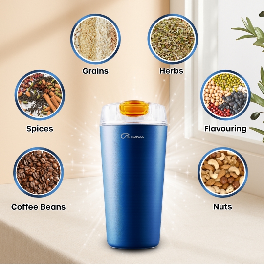 Crompass Portable Electric Coffee Grinder 250ml | Stainless Steel 4 Blade Spice & Coffee Bean Grinder | Durable Mixer Grinder for Dry Masala & Herbs | Push Button Control | Compact Electric Grinding Machine (Blue)