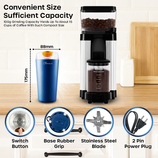 Crompass Portable Electric Coffee Grinder 250ml | Stainless Steel 4 Blade Spice & Coffee Bean Grinder | Durable Mixer Grinder for Dry Masala & Herbs | Push Button Control | Compact Electric Grinding Machine (Blue)