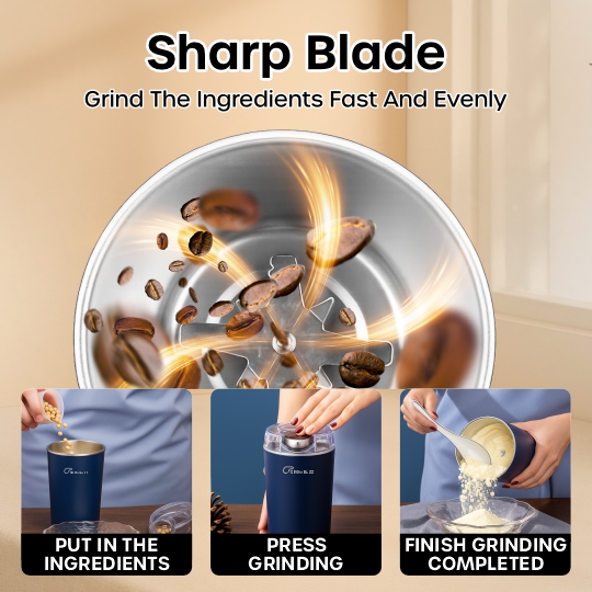 Crompass Portable Electric Coffee Grinder 250ml | Stainless Steel 4 Blade Spice & Coffee Bean Grinder | Durable Mixer Grinder for Dry Masala & Herbs | Push Button Control | Compact Electric Grinding Machine (Blue)