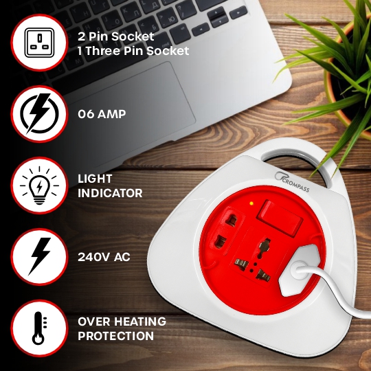 Crompass 2-Pin Flex Box with 5 Meter Heavy-Duty Copper Cord | Universal 3-Pin & 2-Pin Sockets | Master Switch & LED Indicator | Safety Sleeve, Cable Guard, Polycarbonate Body | Ideal for Home, Office & Industrial Use