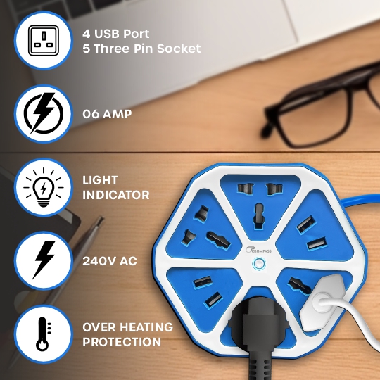 Crompass 1.5 Meter Extension Cord with 4 USB Ports & Mobile Holder | Master Switch & LED Indicator | 4 Universal Sockets | Multi Plug Power Strip for Home & Office Use | Surge Protected | White