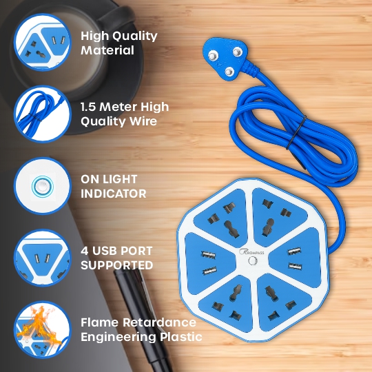 Crompass 1.5 Meter Extension Cord with 4 USB Ports & Mobile Holder | Master Switch & LED Indicator | 4 Universal Sockets | Multi Plug Power Strip for Home & Office Use | Surge Protected | White