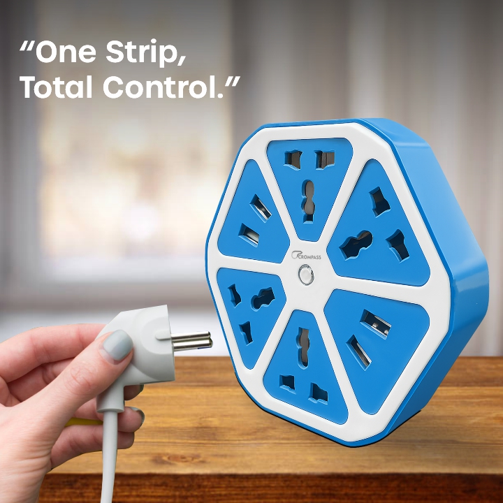 Crompass 1.5 Meter Extension Cord with 4 USB Ports & Mobile Holder | Master Switch & LED Indicator | 4 Universal Sockets | Multi Plug Power Strip for Home & Office Use | Surge Protected | White