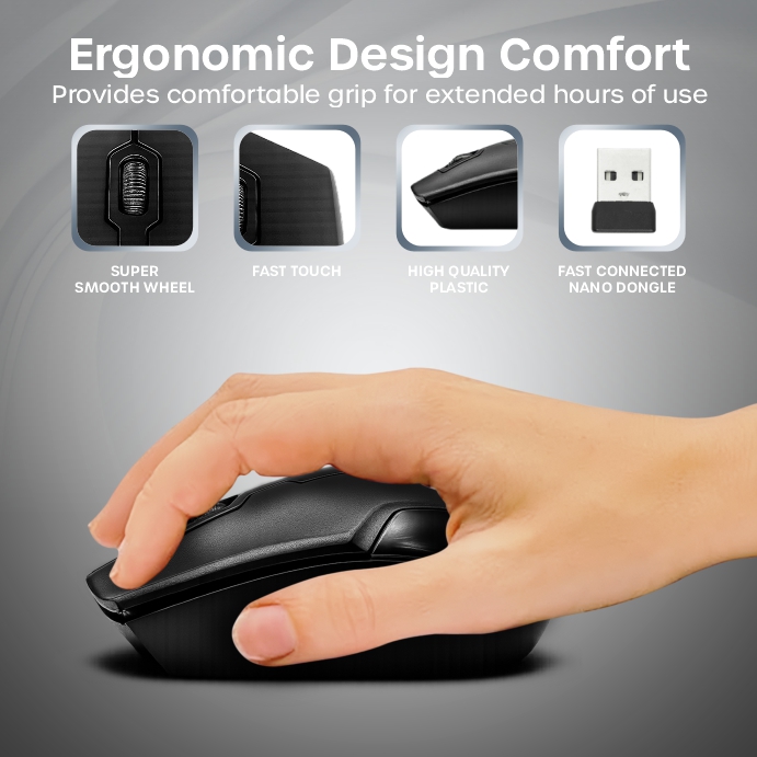 Crompass Wireless Mouse 2.4GHz with USB Nano Receiver for PC, Laptop & Mac – Silent Click Buttons, Adjustable DPI, Auto Power Saving Mode, Ergonomic Design (Black)