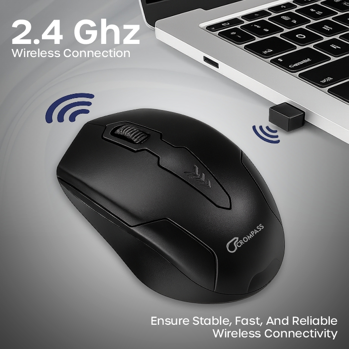 Crompass Wireless Mouse 2.4GHz with USB Nano Receiver for PC, Laptop & Mac – Silent Click Buttons, Adjustable DPI, Auto Power Saving Mode, Ergonomic Design (Black)