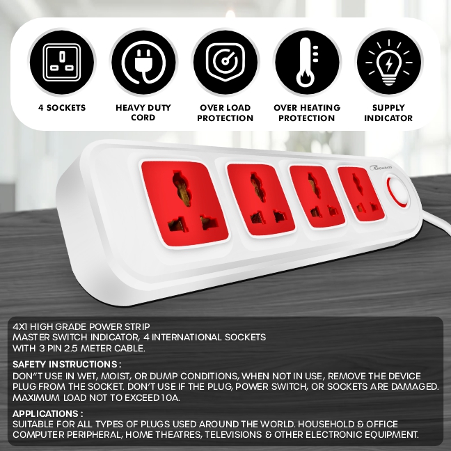 Crompass Extension Board 10A, 250V with 2 Meter Cord & Surge Protector | 4 Universal Sockets, Master Switch, Safety Shutter | Multi Plug Travel Adapter for Home & Office Appliances