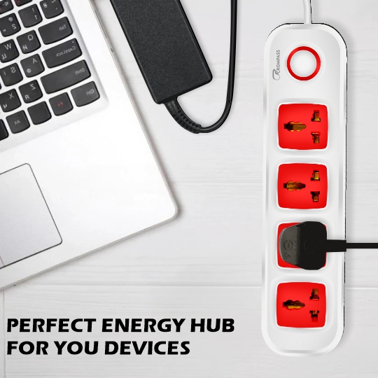 Crompass Extension Board 10A, 250V with 2 Meter Cord & Surge Protector | 4 Universal Sockets, Master Switch, Safety Shutter | Multi Plug Travel Adapter for Home & Office Appliances