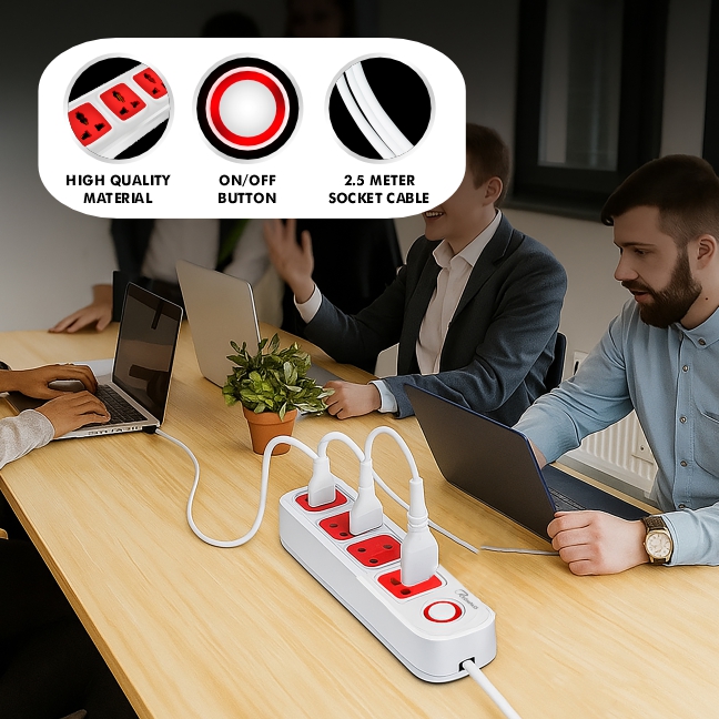 Crompass Extension Board 10A, 250V with 2 Meter Cord & Surge Protector | 4 Universal Sockets, Master Switch, Safety Shutter | Multi Plug Travel Adapter for Home & Office Appliances