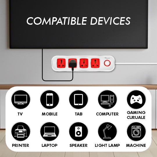 Crompass Extension Board 10A, 250V with 2 Meter Cord & Surge Protector | 4 Universal Sockets, Master Switch, Safety Shutter | Multi Plug Travel Adapter for Home & Office Appliances