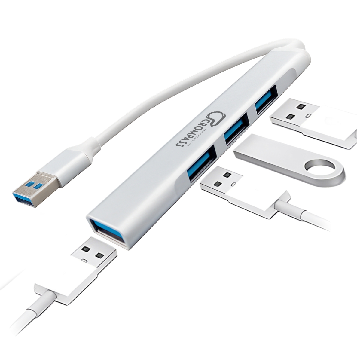 Crompass 4-Port USB Hub for Laptop & PC – USB 3.0 (5Gbps SuperSpeed) with 1 USB 3.0 Port + 3 USB 2.0 Ports, Sleek Metal Body, Plug & Play, Universal Compatibility – Grey