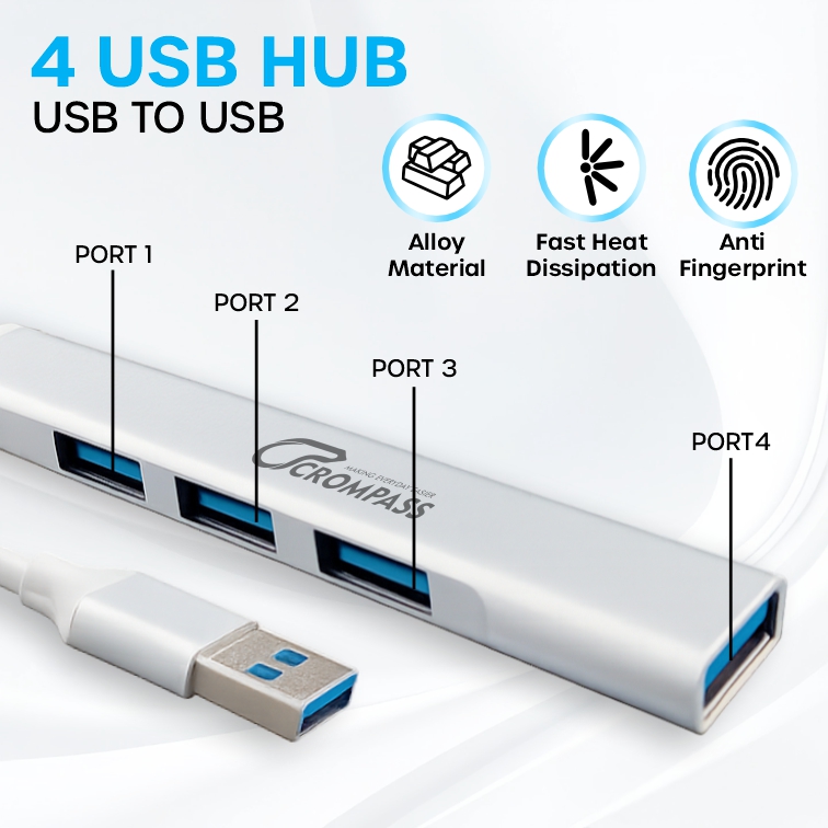 Crompass 4-Port USB Hub for Laptop & PC – USB 3.0 (5Gbps SuperSpeed) with 1 USB 3.0 Port + 3 USB 2.0 Ports, Sleek Metal Body, Plug & Play, Universal Compatibility – Grey
