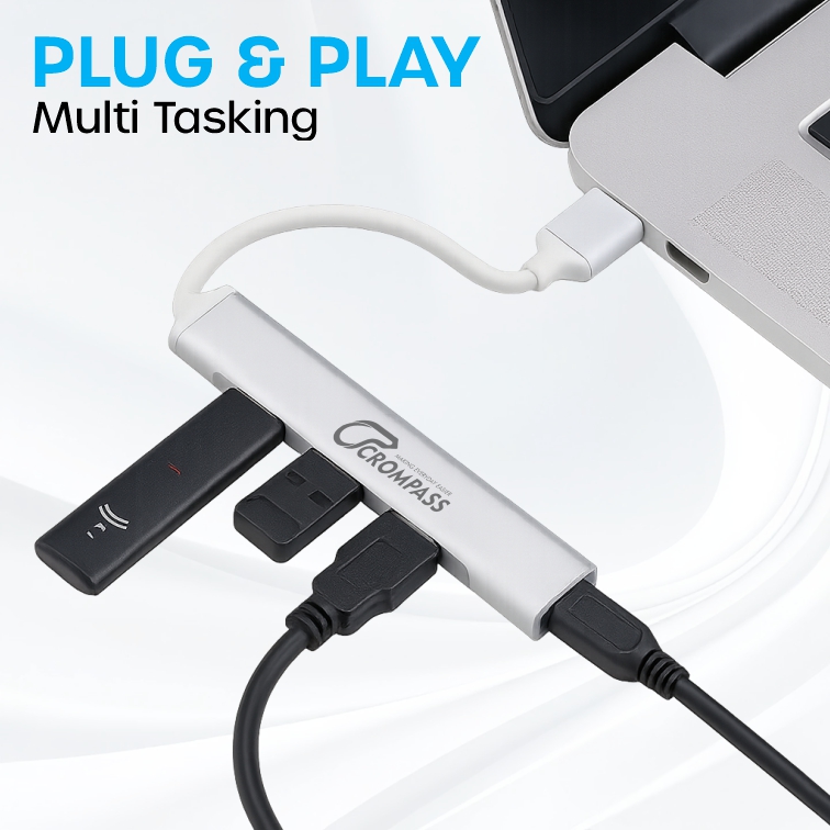 Crompass 4-Port USB Hub for Laptop & PC – USB 3.0 (5Gbps SuperSpeed) with 1 USB 3.0 Port + 3 USB 2.0 Ports, Sleek Metal Body, Plug & Play, Universal Compatibility – Grey