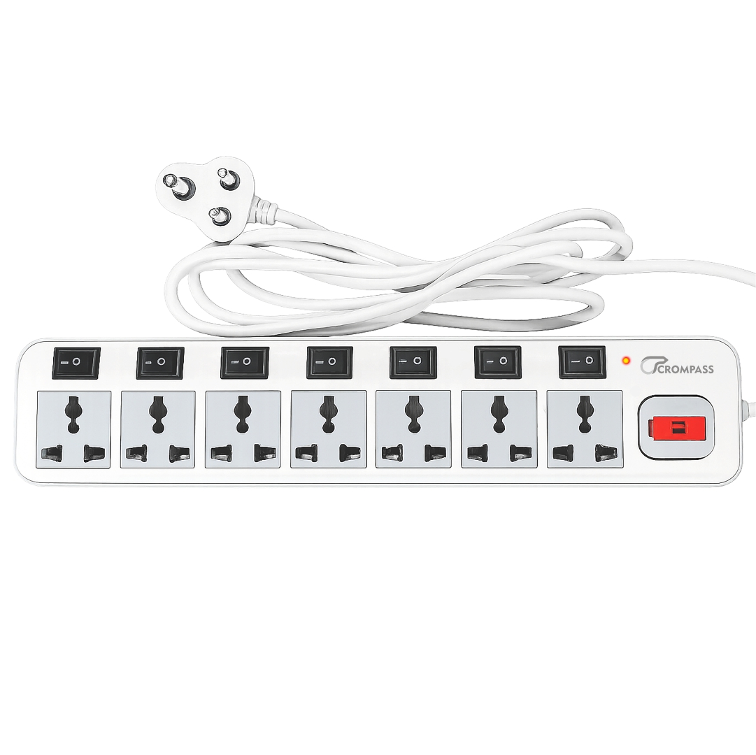 Crompass 7x7 Heavy-Duty Extension Cord Power Strip, 4-Yard Pure Copper Cable, 7 Universal Sockets with Individual Switches, Built-in Surge Protector & Fuse, 6A Durable Power Board for Home, Office & Appliances