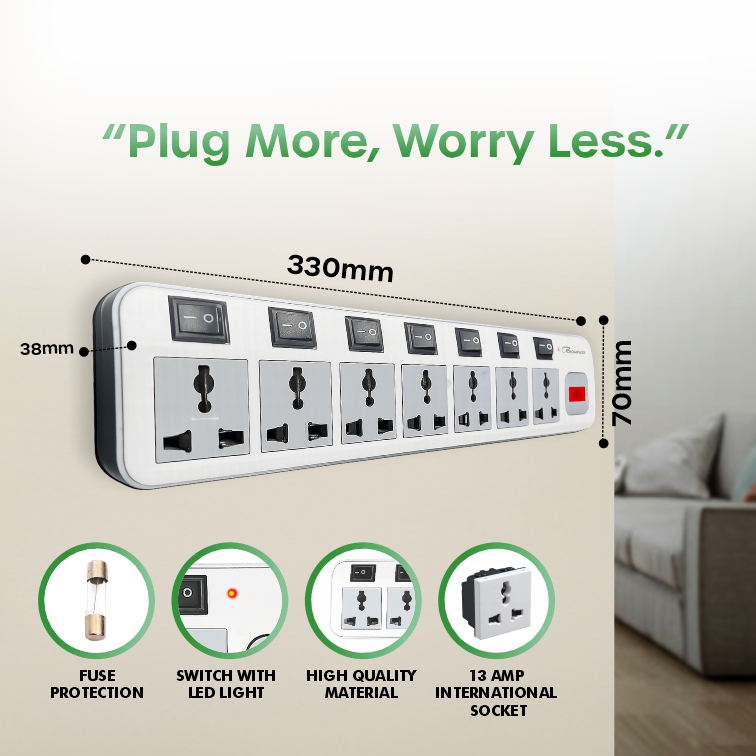Crompass 7x7 Heavy-Duty Extension Cord Power Strip, 4-Yard Pure Copper Cable, 7 Universal Sockets with Individual Switches, Built-in Surge Protector & Fuse, 6A Durable Power Board for Home, Office & Appliances