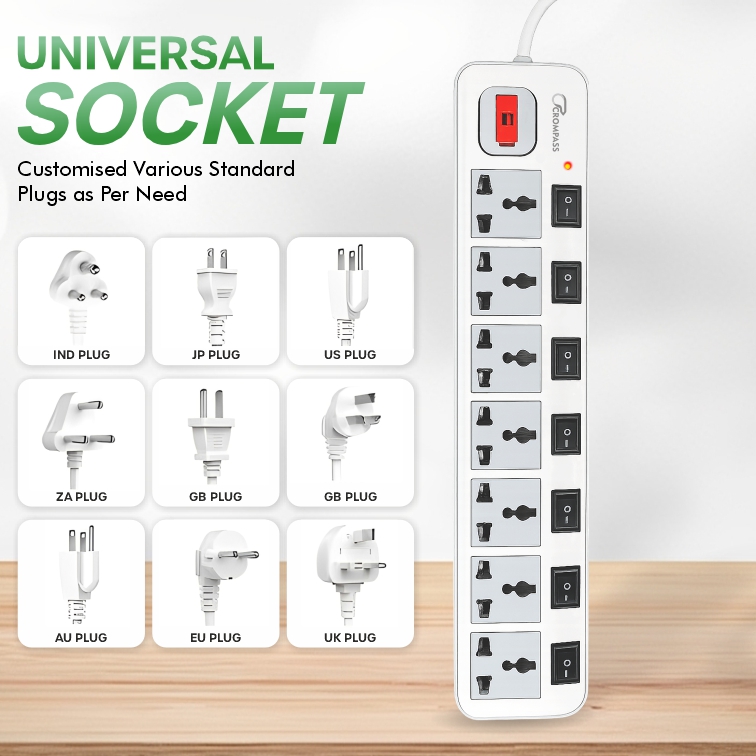 Crompass 7x7 Heavy-Duty Extension Cord Power Strip, 4-Yard Pure Copper Cable, 7 Universal Sockets with Individual Switches, Built-in Surge Protector & Fuse, 6A Durable Power Board for Home, Office & Appliances