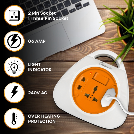 Crompass 2-Pin Flex Box with 5 Meter Pure Copper Cord | Universal 3-Pin & 2-Pin Sockets | Master Power Switch with LED Indicator | Safety Sleeve & Cable Guard | Heavy-Duty Polycarbonate Body for Home, Office & Industrial Use