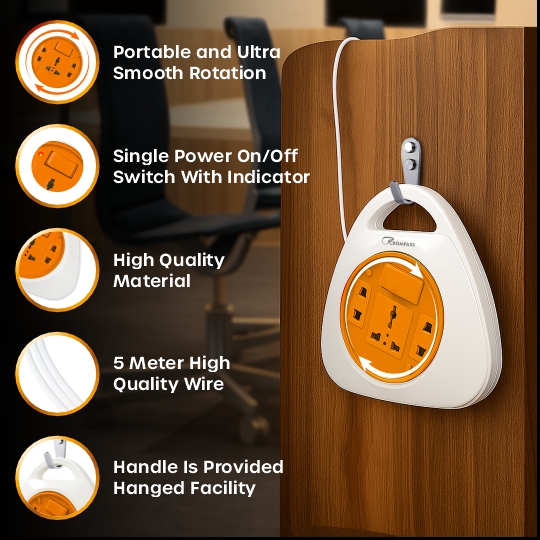 Crompass 2-Pin Flex Box with 5 Meter Pure Copper Cord | Universal 3-Pin & 2-Pin Sockets | Master Power Switch with LED Indicator | Safety Sleeve & Cable Guard | Heavy-Duty Polycarbonate Body for Home, Office & Industrial Use